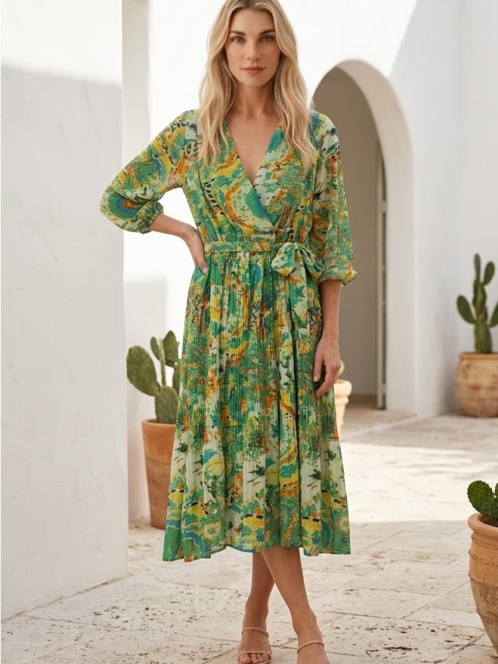 Green Floral Wrap Maxi Dress with Tie Waist
